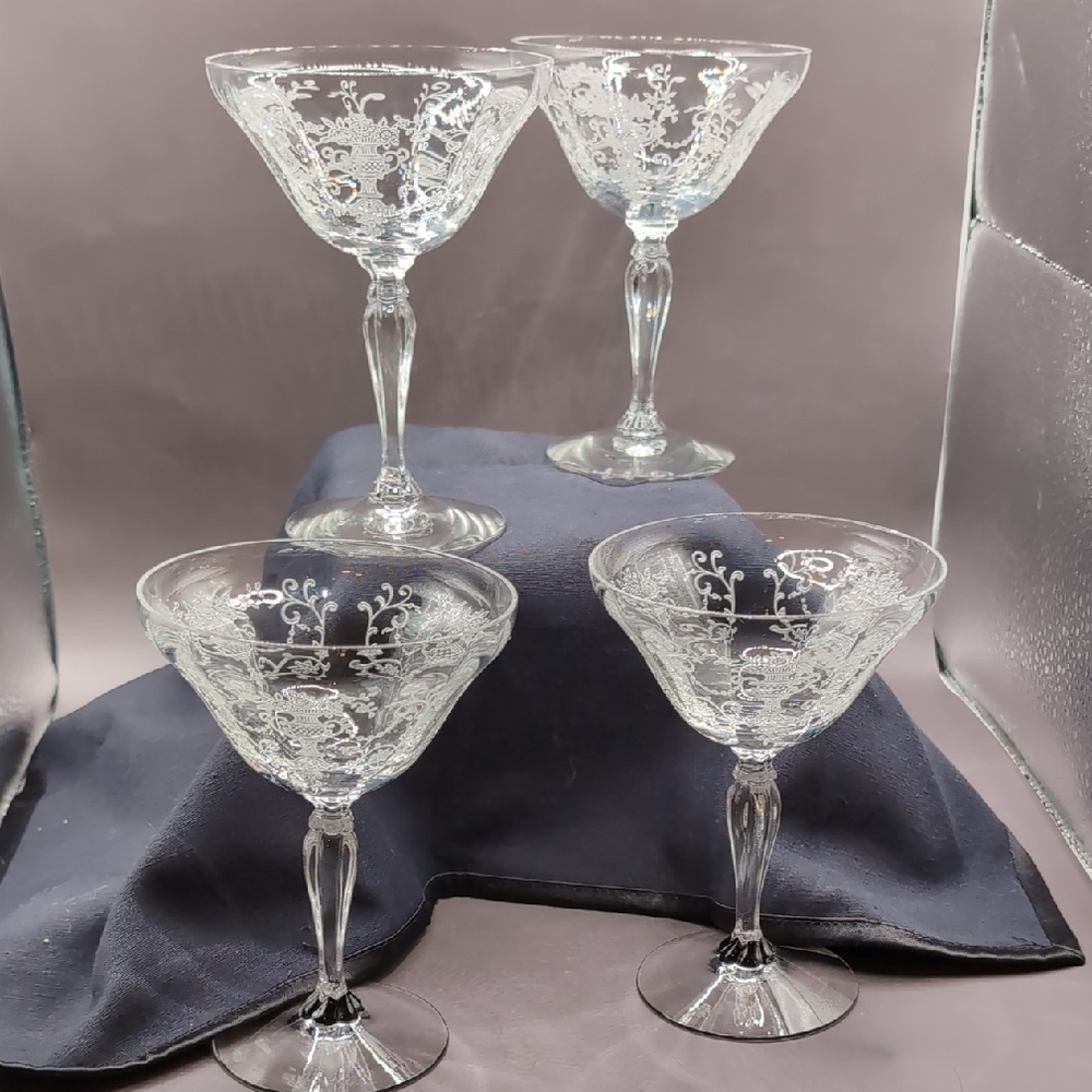 Vintage (4) Fostoria Florentine Etched Crystal Champagne Coupe Glasses 5.5"